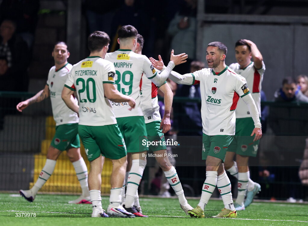 6 March 2026; Sean Maguire of Cork City, right, celebrates after scoring his side's first goal during the SSE Airtricity Men's First Division match between Cobh Ramblers and Cork City at St Colman's Park in Cobh, Cork. Photo by Michael P Ryan/Sportsfile
