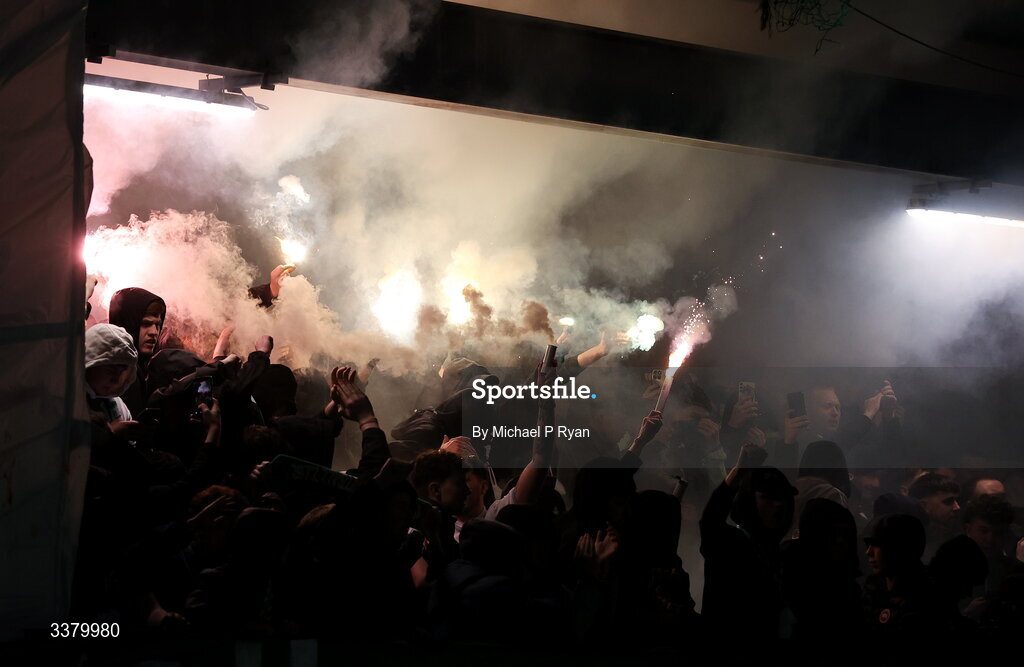 6 March 2026; Cork City supporters during the SSE Airtricity Men's First Division match between Cobh Ramblers and Cork City at St Colman's Park in Cobh, Cork. Photo by Michael P Ryan/Sportsfile