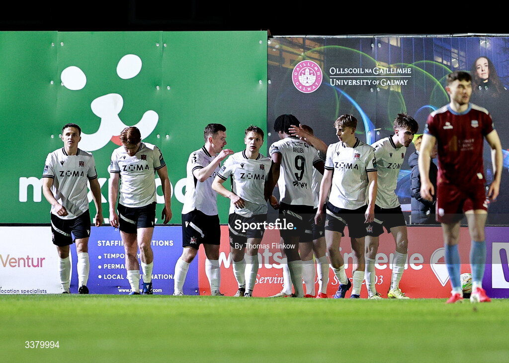 6 March 2026; Gbemi Arubi of Dundalk, 9, celebrates after scoring his side's first goal during the SSE Airtricity Men's Premier Division match between Galway United and Dundalk at Eamonn Deacy Park in Galway. Photo by Thomas Flinkow/Sportsfile