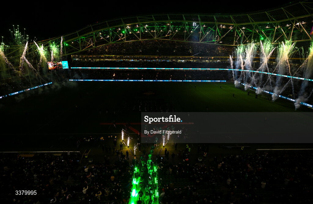 6 March 2026; Players from both teams make their way onto the pitch ahead of the Guinness 6 Nations Rugby Championship match between Ireland and Wales at the Aviva Stadium in Dublin. Photo by David Fitzgerald/Sportsfile