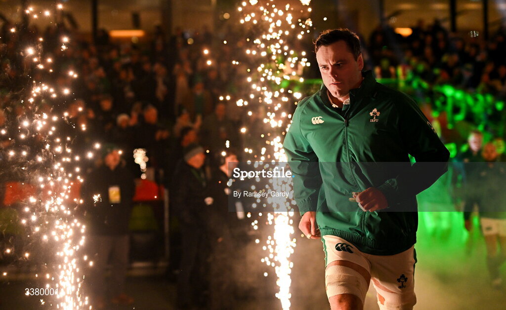 6 March 2026; James Ryan of Ireland runs out onto the pitch before the Guinness 6 Nations Rugby Championship match between Ireland and Wales at the Aviva Stadium in Dublin. Photo by Ramsey Cardy/Sportsfile