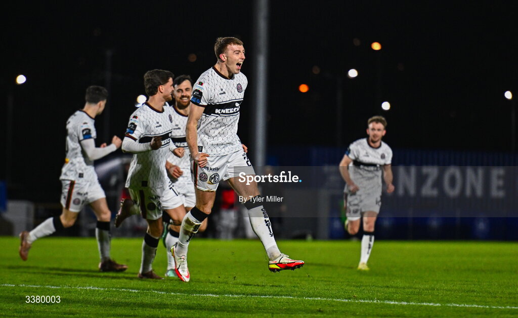 6 March 2026; Sam Todd of Bohemians celebrates after scoring his side's first goal during the SSE Airtricity Men's Premier Division match between Waterford and Bohemians at the RSC in Waterford. Photo by Tyler Miller/Sportsfile
