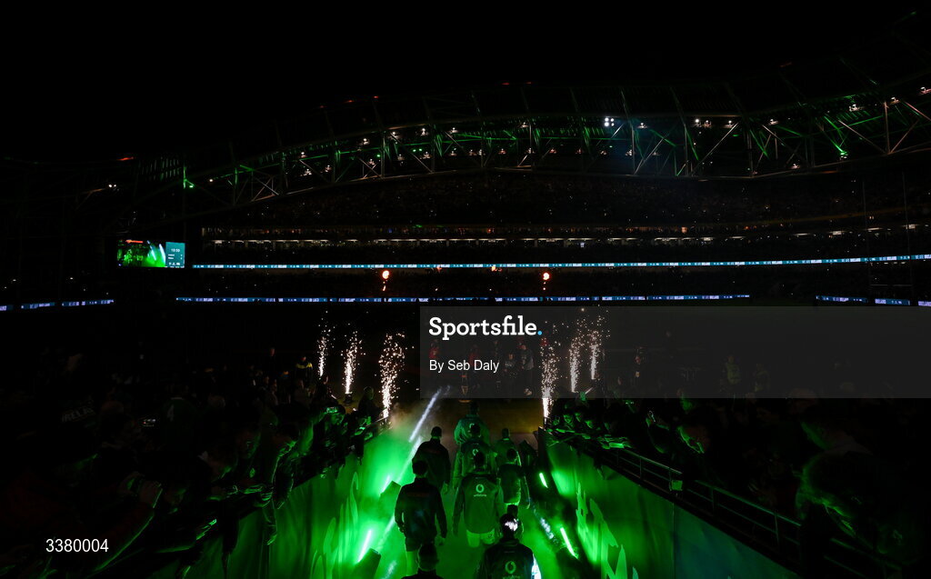 6 March 2026; Ireland players and Wales players walk out onto the pitch ahead of the Guinness 6 Nations Rugby Championship match between Ireland and Wales at the Aviva Stadium in Dublin. Photo by Seb Daly/Sportsfile