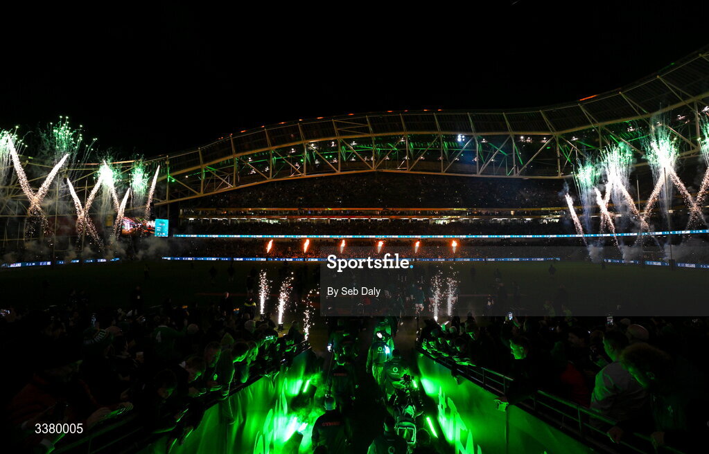 6 March 2026; Ireland players and Wales players walk out onto the pitch ahead of the Guinness 6 Nations Rugby Championship match between Ireland and Wales at the Aviva Stadium in Dublin. Photo by Seb Daly/Sportsfile