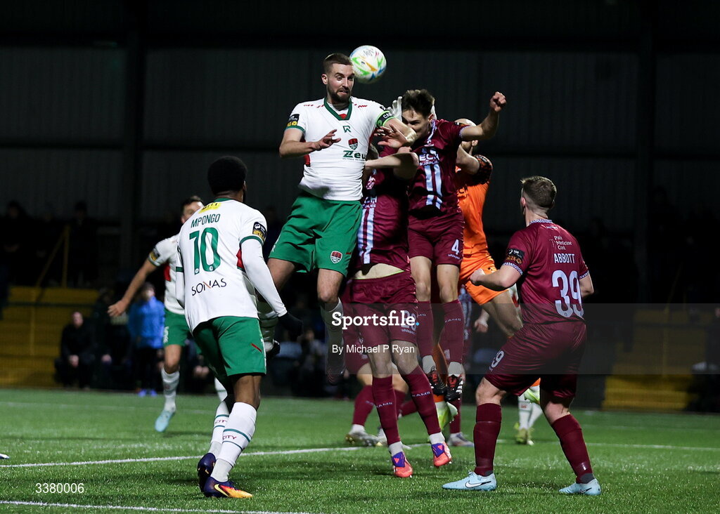 6 March 2026; Fiacre Kelleher of Cork City in action against Cian Coleman of Cobh Ramblers during the SSE Airtricity Men's First Division match between Cobh Ramblers and Cork City at St Colman's Park in Cobh, Cork. Photo by Michael P Ryan/Sportsfile