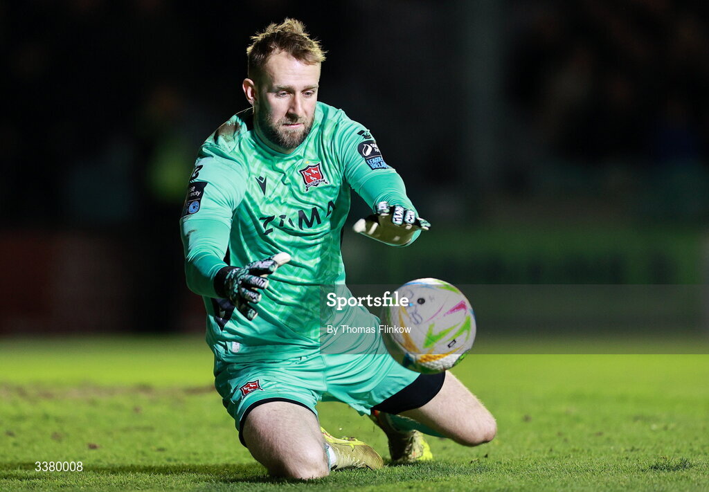 6 March 2026; Dundalk goalkeeper Conor Kearns makes a save during the SSE Airtricity Men's Premier Division match between Galway United and Dundalk at Eamonn Deacy Park in Galway. Photo by Thomas Flinkow/Sportsfile
