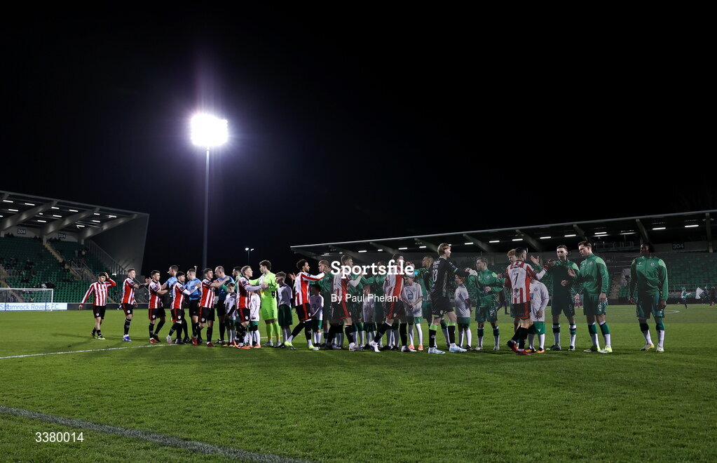 6 March 2026; Both teams line-up before the SSE Airtricity Men's Premier Division match between Shamrock Rovers and Derry City at Tallaght Stadium in Dublin. Photo by Paul Phelan/Sportsfile