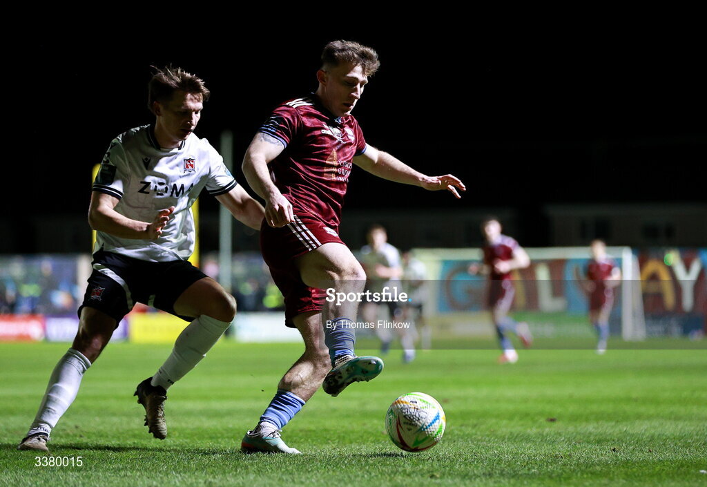 6 March 2026; Edward McCarthy of Galway United in action against John Ross Wilson of Dundalk during the SSE Airtricity Men's Premier Division match between Galway United and Dundalk at Eamonn Deacy Park in Galway. Photo by Thomas Flinkow/Sportsfile