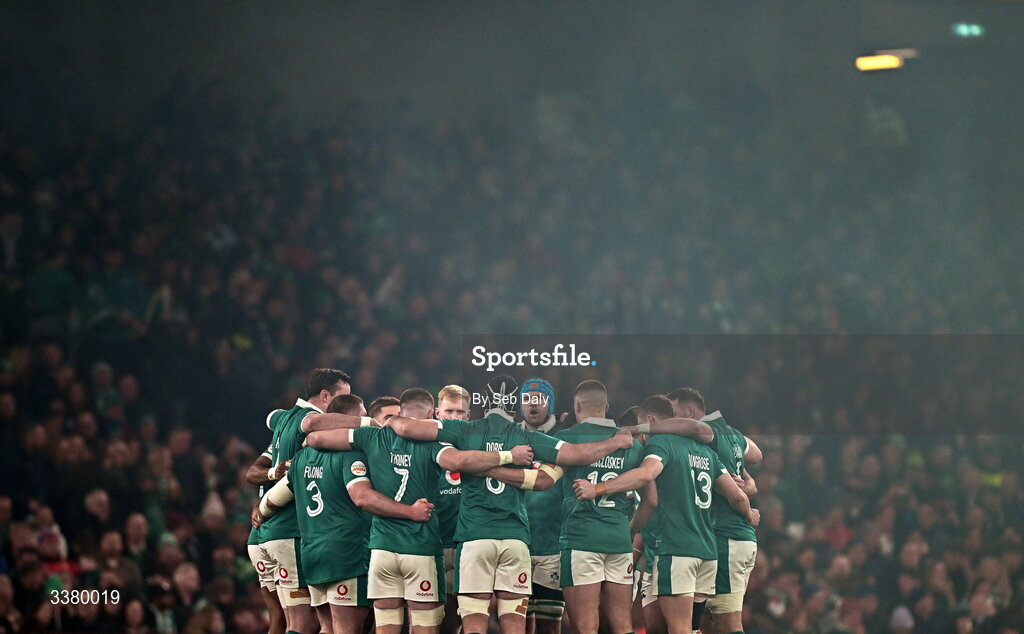 6 March 2026; Ireland players huddle before the Guinness 6 Nations Rugby Championship match between Ireland and Wales at the Aviva Stadium in Dublin. Photo by Seb Daly/Sportsfile
