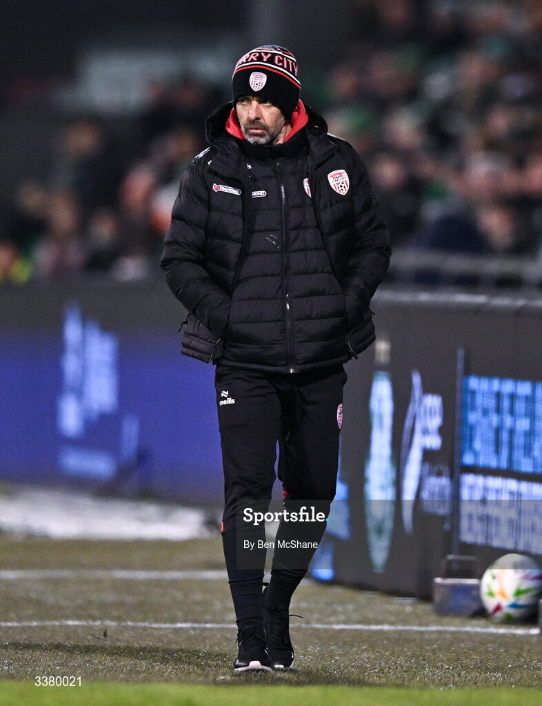 6 March 2026; Derry City manager Tiernan Lynch during the SSE Airtricity Men's Premier Division match between Shamrock Rovers and Derry City at Tallaght Stadium in Dublin. Photo by Ben McShane/Sportsfile