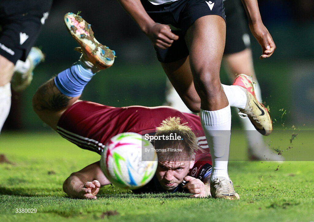 6 March 2026; Stephen Walsh of Galway United in action against Gbemi Arubi of Dundalk during the SSE Airtricity Men's Premier Division match between Galway United and Dundalk at Eamonn Deacy Park in Galway. Photo by Thomas Flinkow/Sportsfile