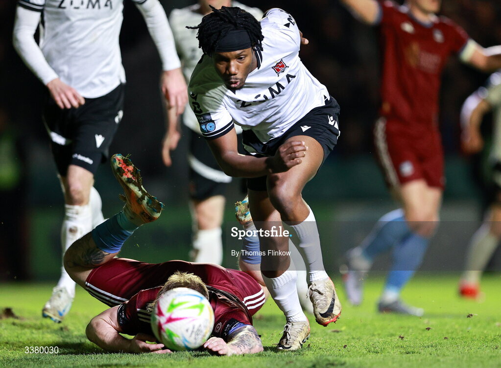 6 March 2026; Stephen Walsh of Galway United in action against Gbemi Arubi of Dundalk during the SSE Airtricity Men's Premier Division match between Galway United and Dundalk at Eamonn Deacy Park in Galway. Photo by Thomas Flinkow/Sportsfile