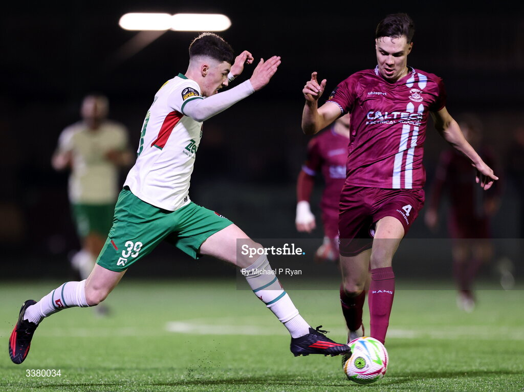 6 March 2026; Cillian Murphy of Cork City in action against Cian Coleman of Cobh Ramblers during the SSE Airtricity Men's First Division match between Cobh Ramblers and Cork City at St Colman's Park in Cobh, Cork. Photo by Michael P Ryan/Sportsfile