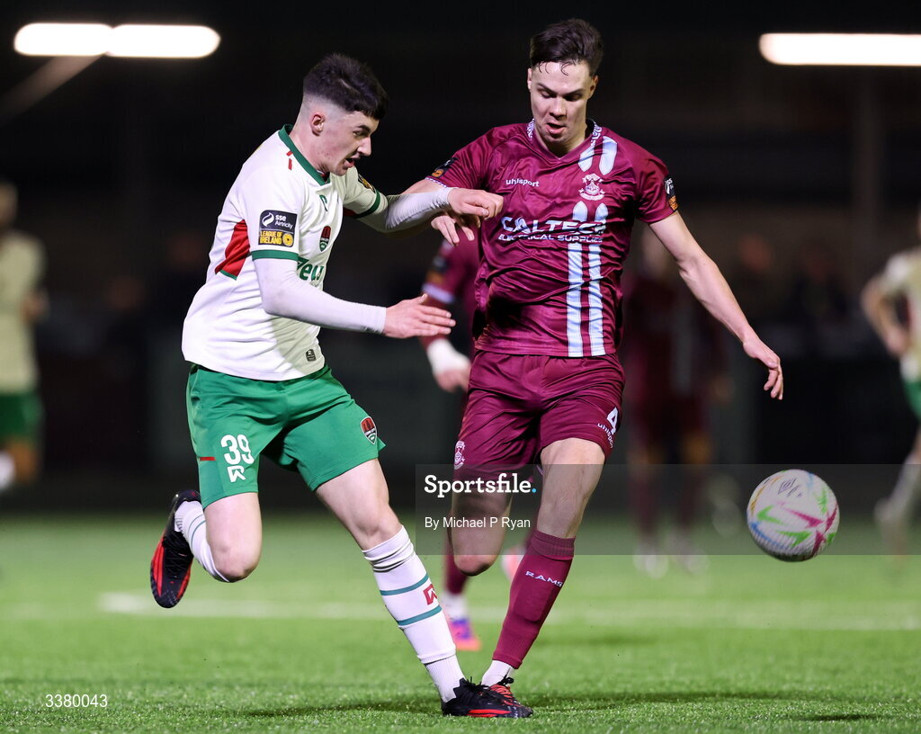 6 March 2026; Cillian Murphy of Cork City in action against Cian Coleman of Cobh Ramblers during the SSE Airtricity Men's First Division match between Cobh Ramblers and Cork City at St Colman's Park in Cobh, Cork. Photo by Michael P Ryan/Sportsfile
