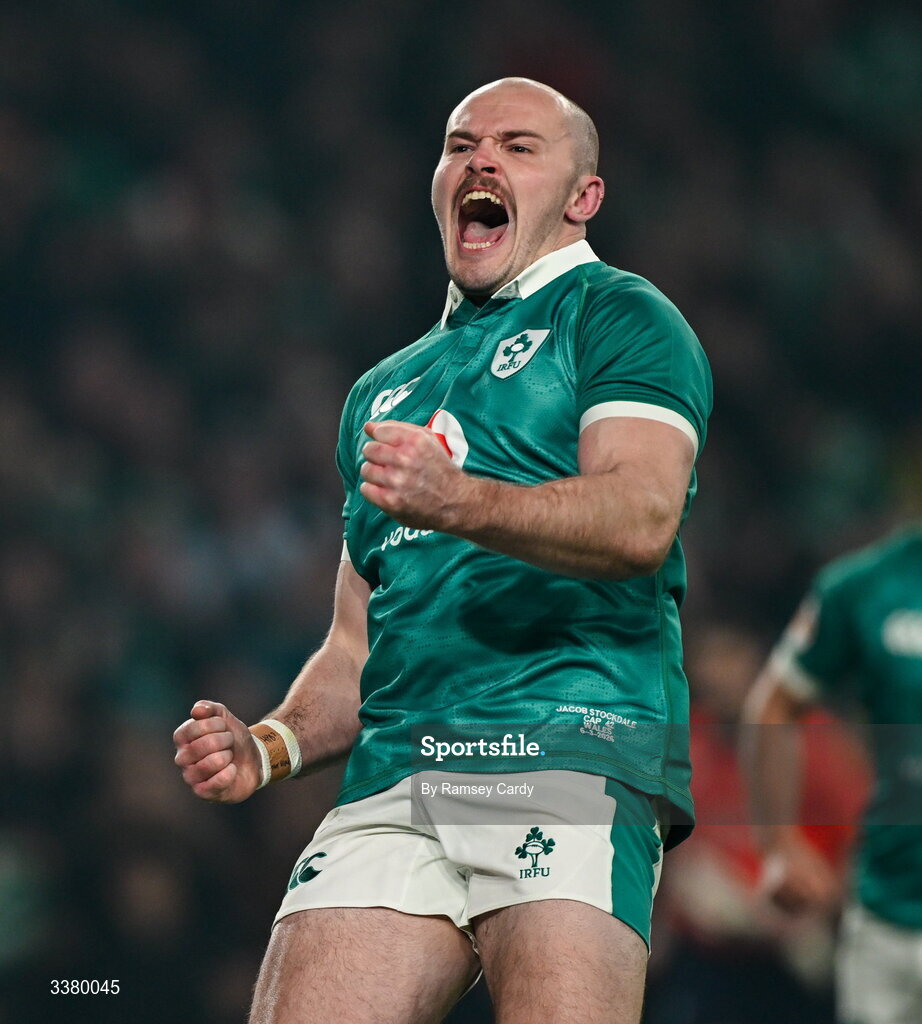 6 March 2026; Jacob Stockdale of Ireland celebrates after scoring his side's first try during the Guinness 6 Nations Rugby Championship match between Ireland and Wales at the Aviva Stadium in Dublin. Photo by Ramsey Cardy/Sportsfile