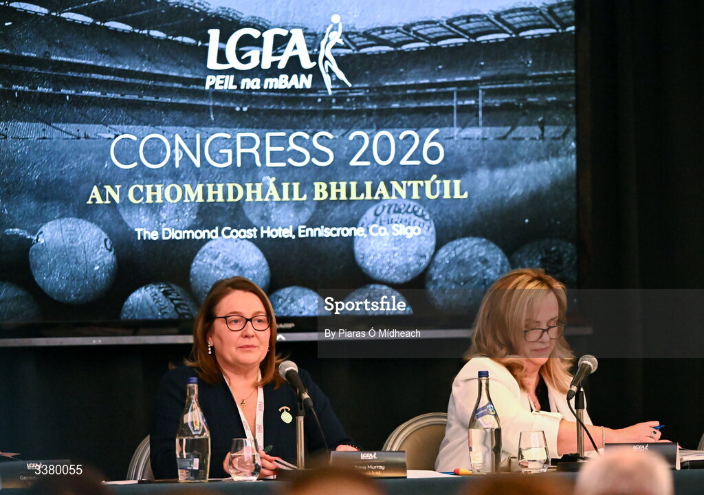 6 March 2026; LGFA president Trina Murray, left, and LGFA chief executive officer Helen O'Rourke during day one of the LGFA Annual Congress at the Diamond Coast Hotel in Sligo. Photo by Piaras Ó Mídheach/Sportsfile