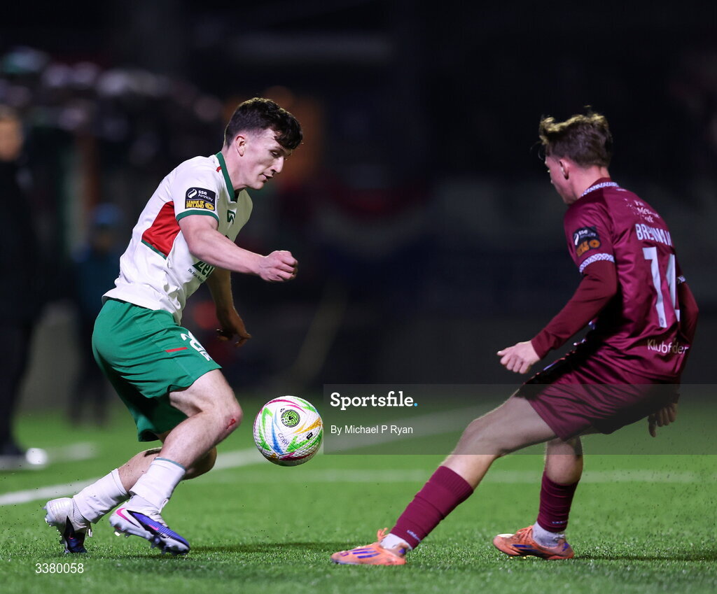 6 March 2026; Josh Fitzpatrick of Cork City in action against Rhys Brennan of Cobh Ramblers during the SSE Airtricity Men's First Division match between Cobh Ramblers and Cork City at St Colman's Park in Cobh, Cork. Photo by Michael P Ryan/Sportsfile