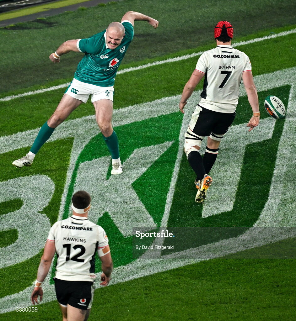 6 March 2026; Jacob Stockdale of Ireland celebrates after scoring his side's first try during the Guinness 6 Nations Rugby Championship match between Ireland and Wales at the Aviva Stadium in Dublin. Photo by David Fitzgerald/Sportsfile