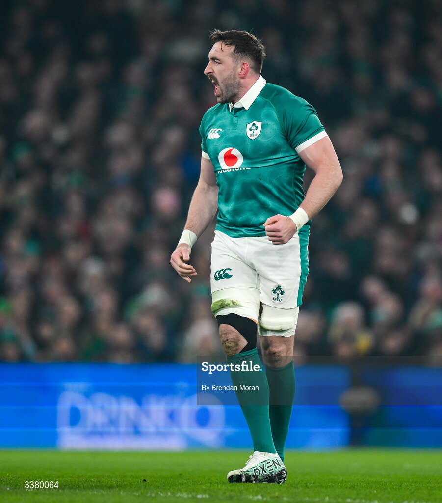 6 March 2026; Jack Conan of Ireland celebrates after winning a scrum penalty during the Guinness 6 Nations Rugby Championship match between Ireland and Wales at the Aviva Stadium in Dublin. Photo by Brendan Moran/Sportsfile