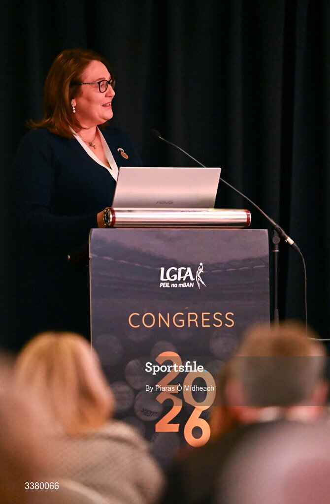 6 March 2026; LGFA president Trina Murray speaking during day one of the LGFA Annual Congress at the Diamond Coast Hotel in Sligo. Photo by Piaras Ó Mídheach/Sportsfile