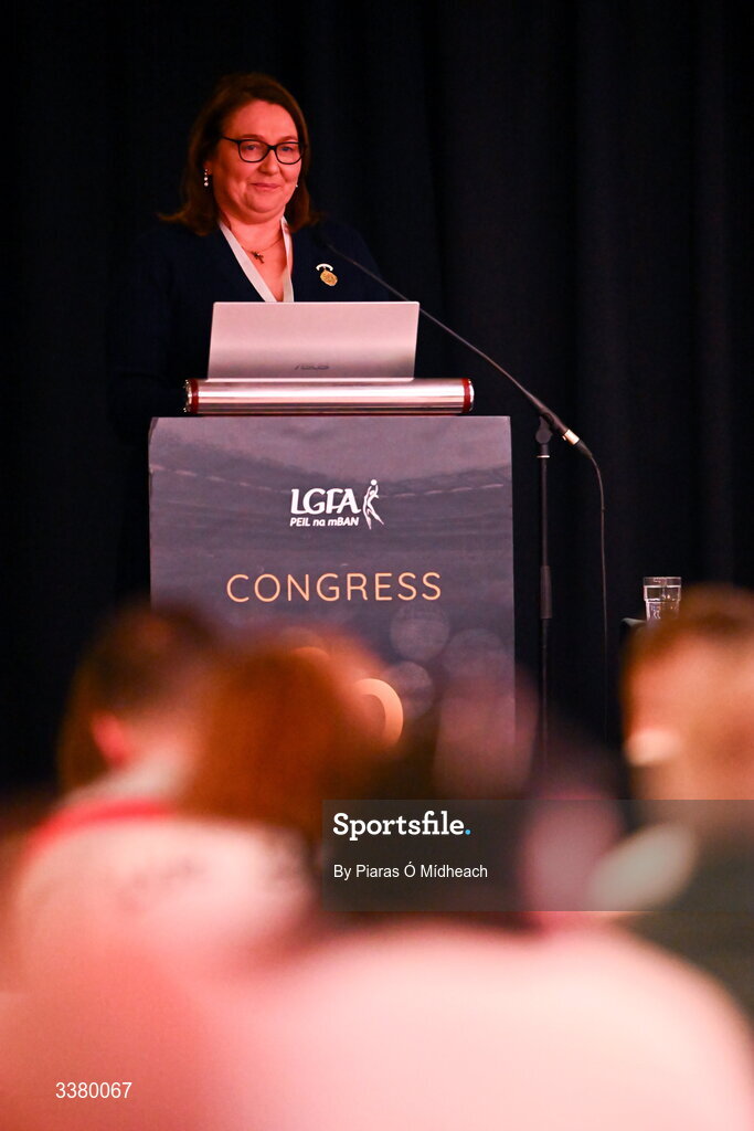 6 March 2026; LGFA president Trina Murray speaking during day one of the LGFA Annual Congress at the Diamond Coast Hotel in Sligo. Photo by Piaras Ó Mídheach/Sportsfile
