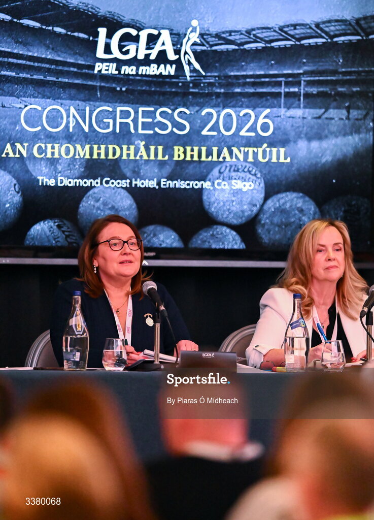 6 March 2026; LGFA president Trina Murray, left, and LGFA chief executive officer Helen O'Rourke during day one of the LGFA Annual Congress at the Diamond Coast Hotel in Sligo. Photo by Piaras Ó Mídheach/Sportsfile