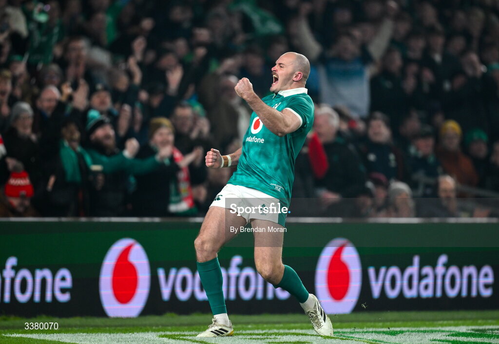 6 March 2026; Jacob Stockdale of Ireland celebrates after scoring his side's first try during the Guinness 6 Nations Rugby Championship match between Ireland and Wales at the Aviva Stadium in Dublin. Photo by Brendan Moran/Sportsfile