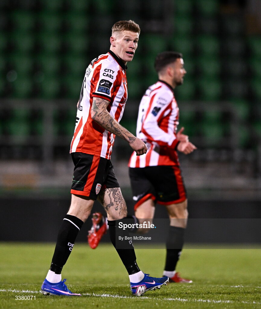 6 March 2026; James McClean of Derry City during the SSE Airtricity Men's Premier Division match between Shamrock Rovers and Derry City at Tallaght Stadium in Dublin. Photo by Ben McShane/Sportsfile