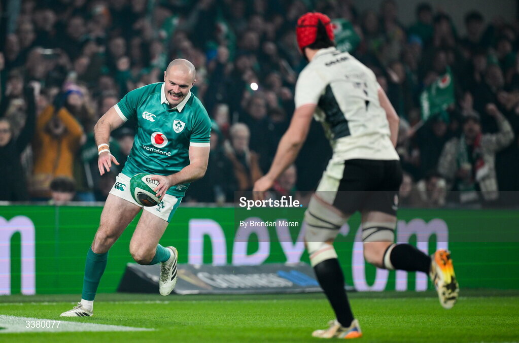 6 March 2026; Jacob Stockdale of Ireland scores his side's first try during the Guinness 6 Nations Rugby Championship match between Ireland and Wales at the Aviva Stadium in Dublin. Photo by Brendan Moran/Sportsfile