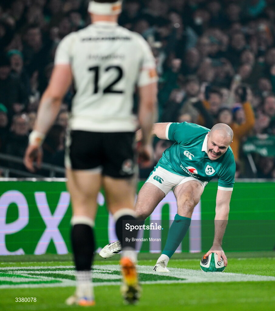 6 March 2026; Jacob Stockdale of Ireland scores his side's first try during the Guinness 6 Nations Rugby Championship match between Ireland and Wales at the Aviva Stadium in Dublin. Photo by Brendan Moran/Sportsfile