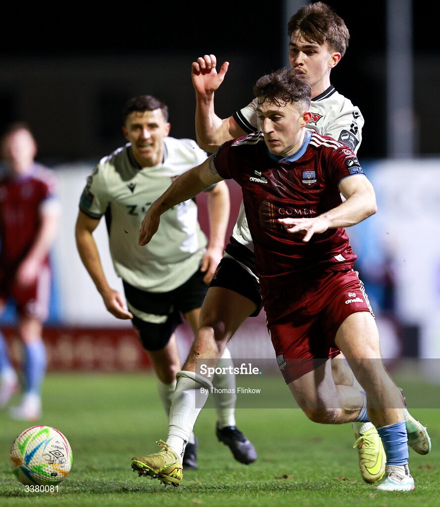 6 March 2026; Edward McCarthy of Galway United in action against Eoin Kenny of Dundalk during the SSE Airtricity Men's Premier Division match between Galway United and Dundalk at Eamonn Deacy Park in Galway. Photo by Thomas Flinkow/Sportsfile