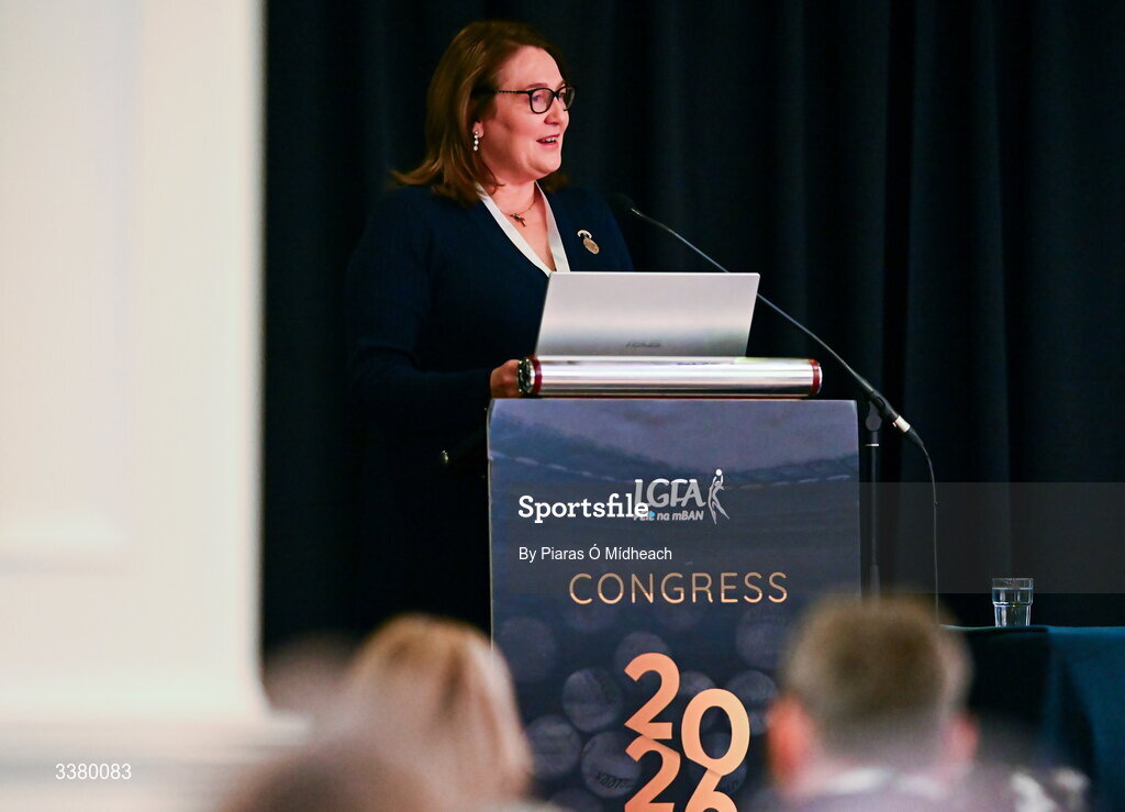 6 March 2026; LGFA president Trina Murray speaking during day one of the LGFA Annual Congress at the Diamond Coast Hotel in Sligo. Photo by Piaras Ó Mídheach/Sportsfile