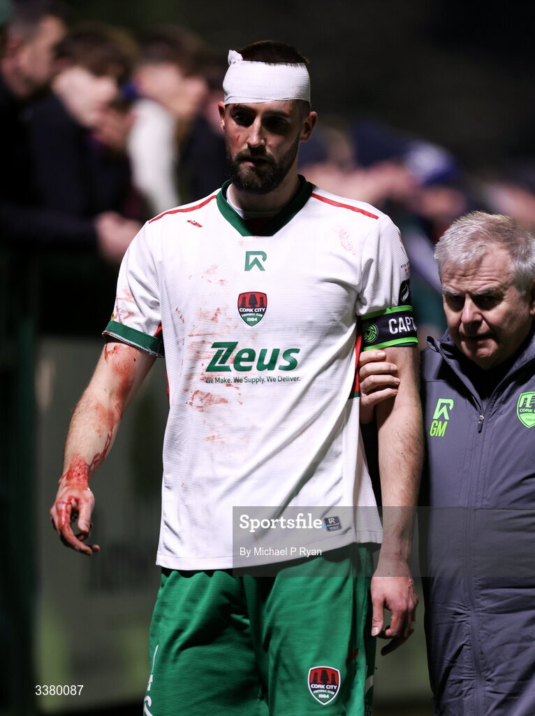 6 March 2026; Fiacre Kelleher of Cork City leaves the field after picking up an injury during the SSE Airtricity Men's First Division match between Cobh Ramblers and Cork City at St Colman's Park in Cobh, Cork. Photo by Michael P Ryan/Sportsfile