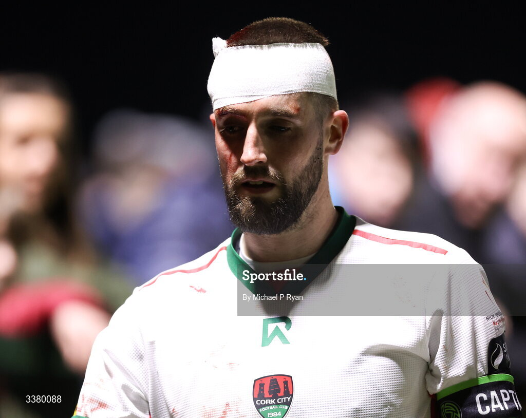 6 March 2026; Fiacre Kelleher of Cork City leaves the field after picking up an injury during the SSE Airtricity Men's First Division match between Cobh Ramblers and Cork City at St Colman's Park in Cobh, Cork. Photo by Michael P Ryan/Sportsfile