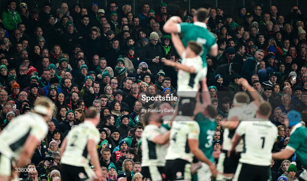 6 March 2026; Spectators look on during the Guinness 6 Nations Rugby Championship match between Ireland and Wales at the Aviva Stadium in Dublin. Photo by Ramsey Cardy/Sportsfile