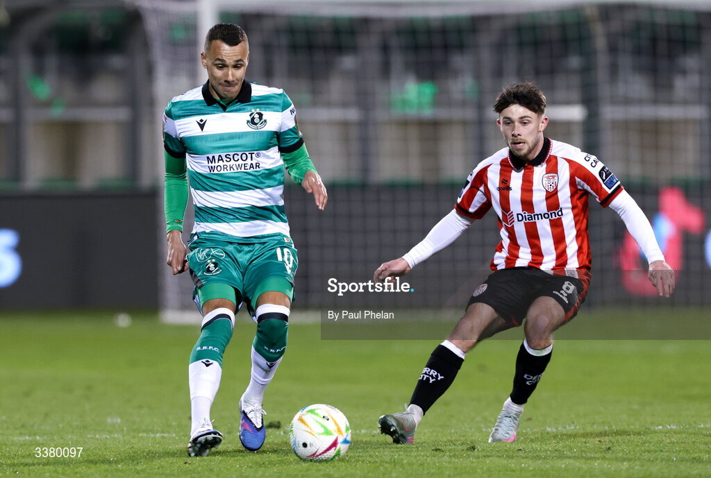 6 March 2026; Graham Burke of Shamrock Rovers in action against Adam O'Reilly of Derry City during the SSE Airtricity Men's Premier Division match between Shamrock Rovers and Derry City at Tallaght Stadium in Dublin. Photo by Paul Phelan/Sportsfile