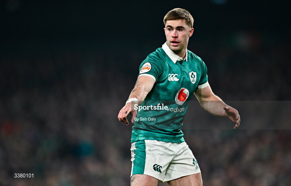 6 March 2026; Jack Crowley of Ireland during the Guinness 6 Nations Rugby Championship match between Ireland and Wales at the Aviva Stadium in Dublin. Photo by Seb Daly/Sportsfile