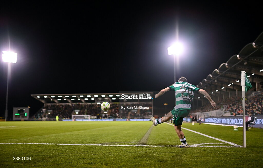6 March 2026; Jack Byrne of Shamrock Rovers takes a corner during the SSE Airtricity Men's Premier Division match between Shamrock Rovers and Derry City at Tallaght Stadium in Dublin. Photo by Ben McShane/Sportsfile