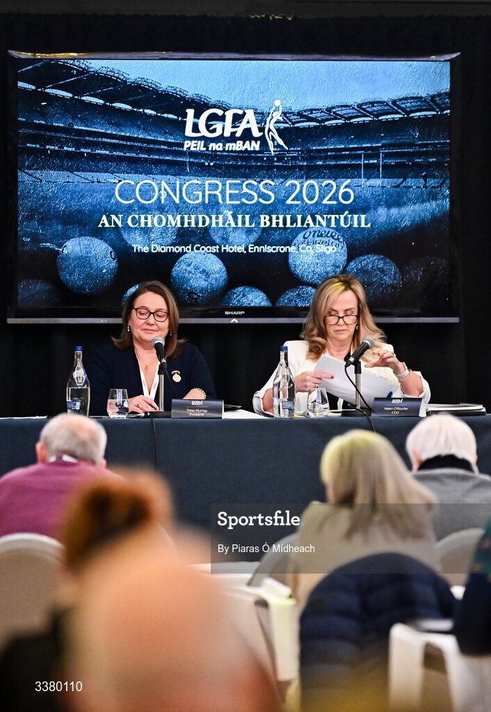 6 March 2026; LGFA president Trina Murray, left, and LGFA chief executive officer Helen O'Rourke during day one of the LGFA Annual Congress at the Diamond Coast Hotel in Sligo. Photo by Piaras Ó Mídheach/Sportsfile