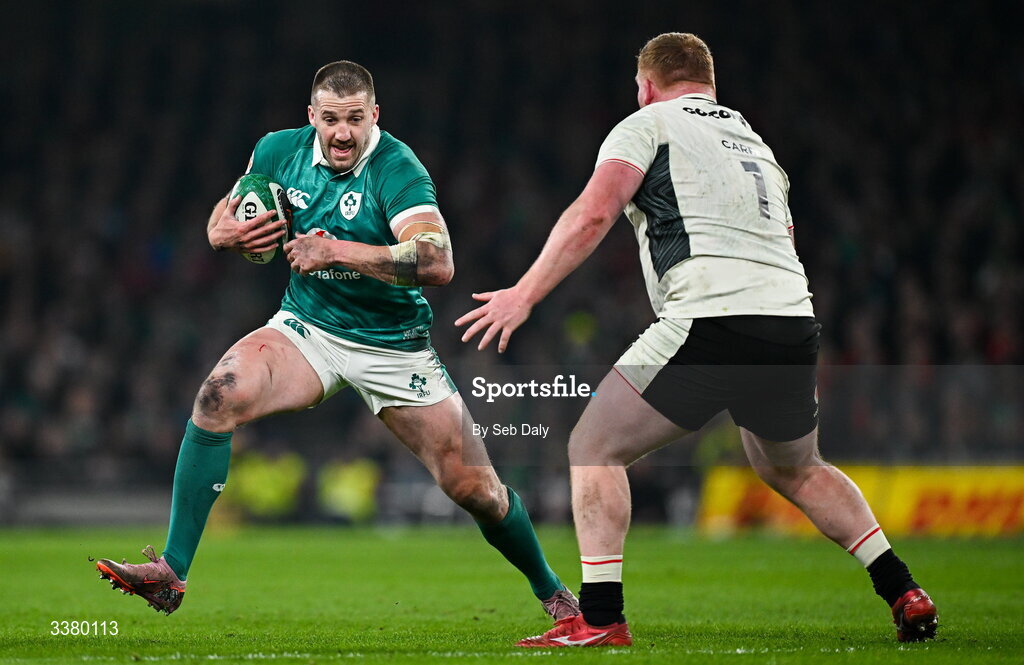 6 March 2026; Stuart McCloskey of Ireland in action against Rhys Carre of Wales during the Guinness 6 Nations Rugby Championship match between Ireland and Wales at the Aviva Stadium in Dublin. Photo by Seb Daly/Sportsfile