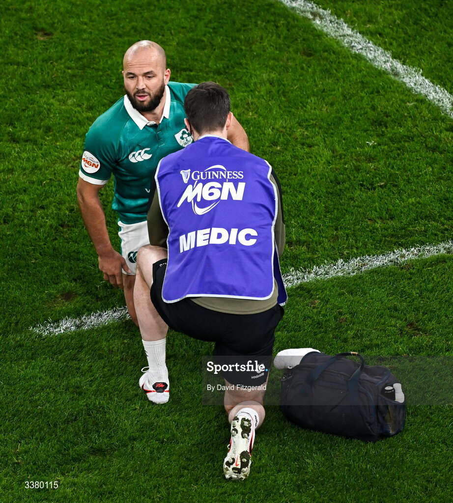 6 March 2026; Jamison Gibson-Park of Ireland receives medical attention during the Guinness 6 Nations Rugby Championship match between Ireland and Wales at the Aviva Stadium in Dublin. Photo by David Fitzgerald/Sportsfile