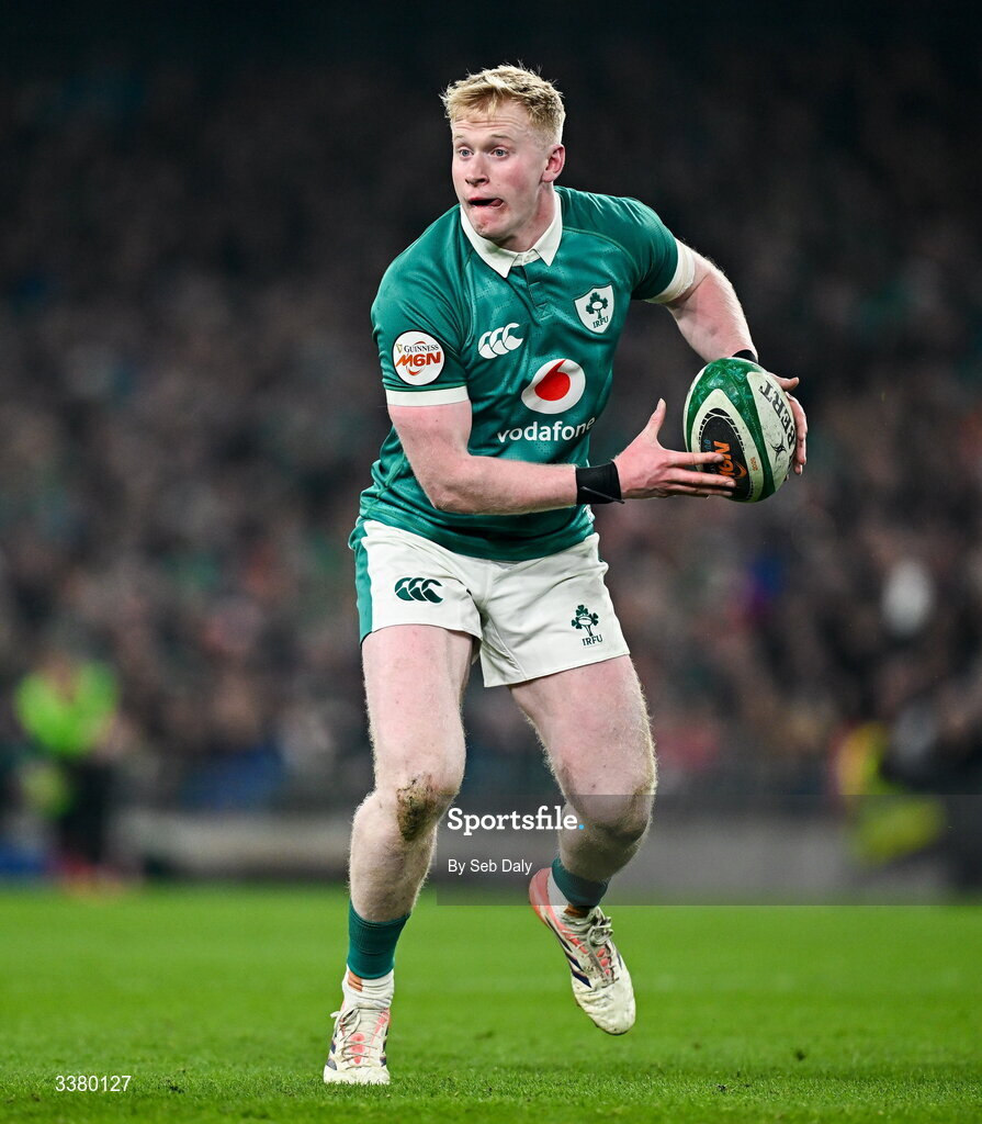 6 March 2026; Jamie Osborne of Ireland during the Guinness 6 Nations Rugby Championship match between Ireland and Wales at the Aviva Stadium in Dublin. Photo by Seb Daly/Sportsfile