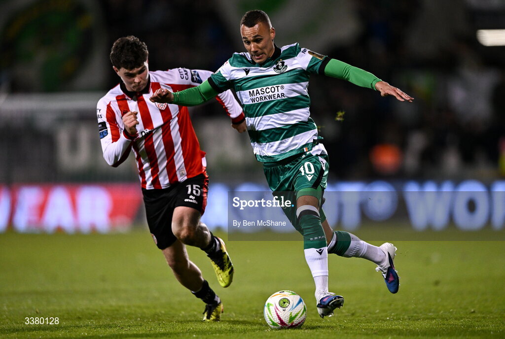 6 March 2026; Graham Burke of Shamrock Rovers in action against James Clarke of Derry City during the SSE Airtricity Men's Premier Division match between Shamrock Rovers and Derry City at Tallaght Stadium in Dublin. Photo by Ben McShane/Sportsfile