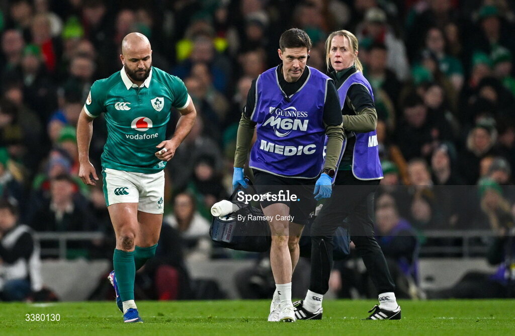 6 March 2026; Jamison Gibson-Park of Ireland leaves the pitch injured during the Guinness 6 Nations Rugby Championship match between Ireland and Wales at the Aviva Stadium in Dublin. Photo by Ramsey Cardy/Sportsfile
