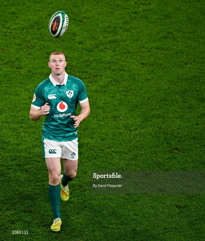 6 March 2026; Nathan Doak of Ireland comes on for his debut during the Guinness 6 Nations Rugby Championship match between Ireland and Wales at the Aviva Stadium in Dublin. Photo by David Fitzgerald/Sportsfile