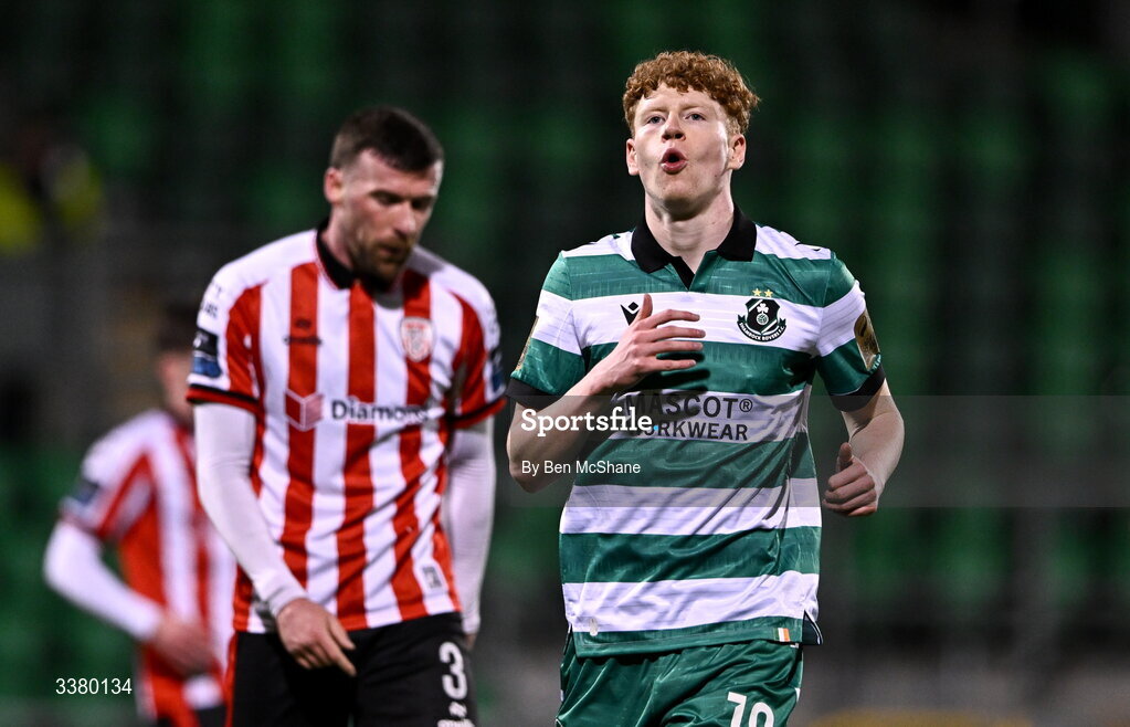 6 March 2026; Adam Brennan of Shamrock Rovers reacts after a missed opportunity on goal during the SSE Airtricity Men's Premier Division match between Shamrock Rovers and Derry City at Tallaght Stadium in Dublin. Photo by Ben McShane/Sportsfile