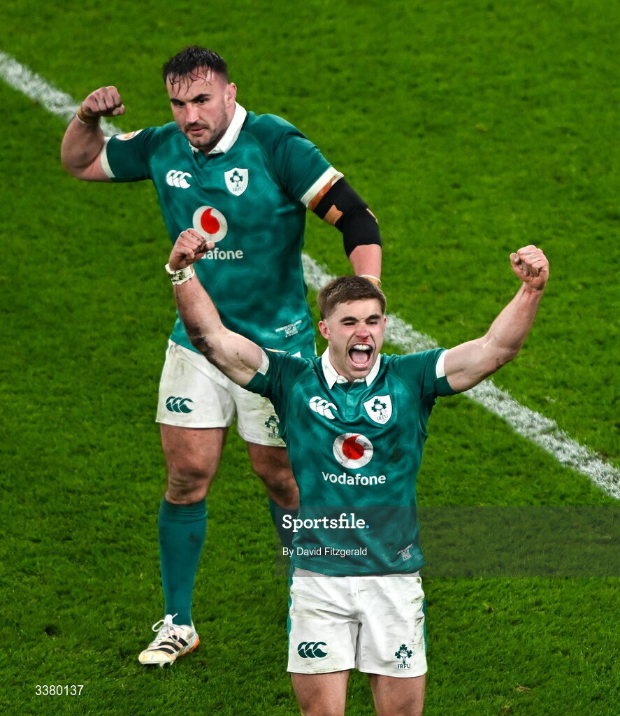 6 March 2026; Ireland players Jack Crowley, right, and Rónan Kelleher celebrate a turnover during the Guinness 6 Nations Rugby Championship match between Ireland and Wales at the Aviva Stadium in Dublin. Photo by David Fitzgerald/Sportsfile