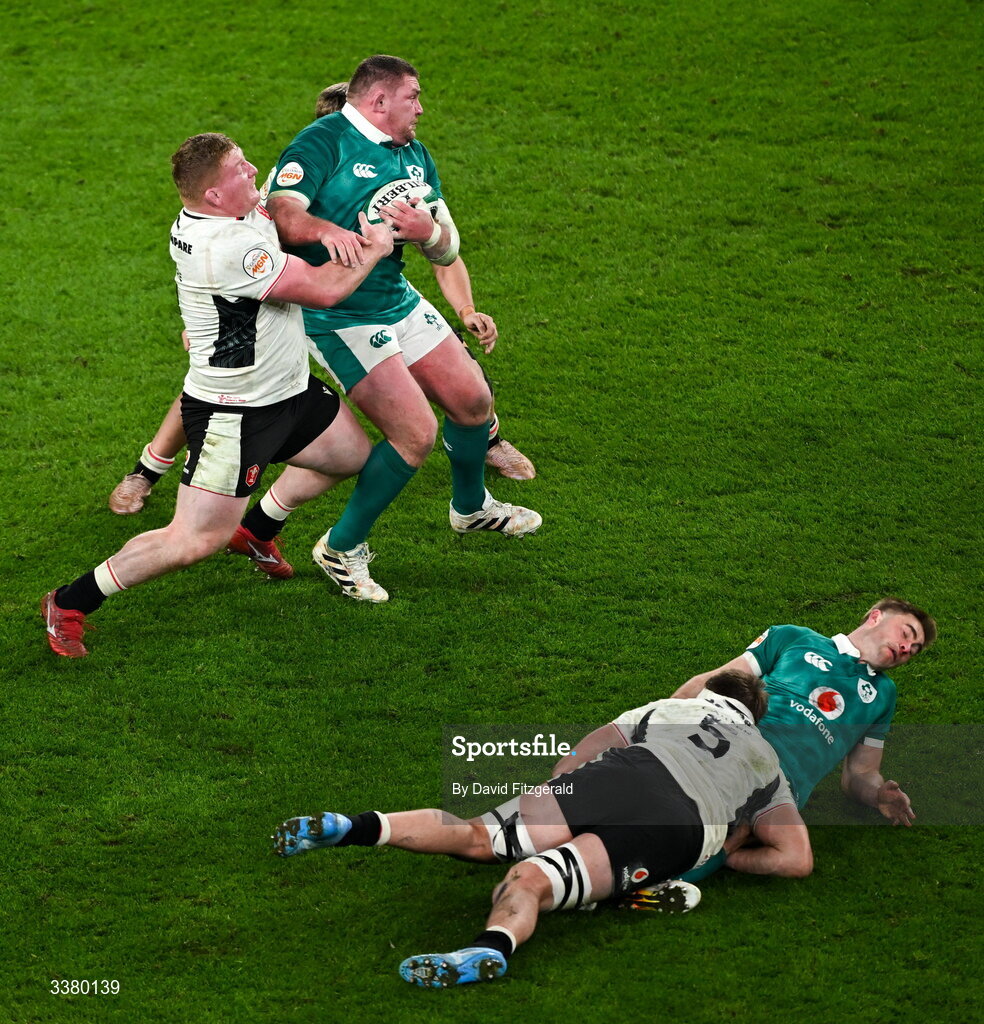 6 March 2026; Tadhg Furlong of Ireland is tackled by Rhys Carre of Wales during the Guinness 6 Nations Rugby Championship match between Ireland and Wales at the Aviva Stadium in Dublin. Photo by David Fitzgerald/Sportsfile