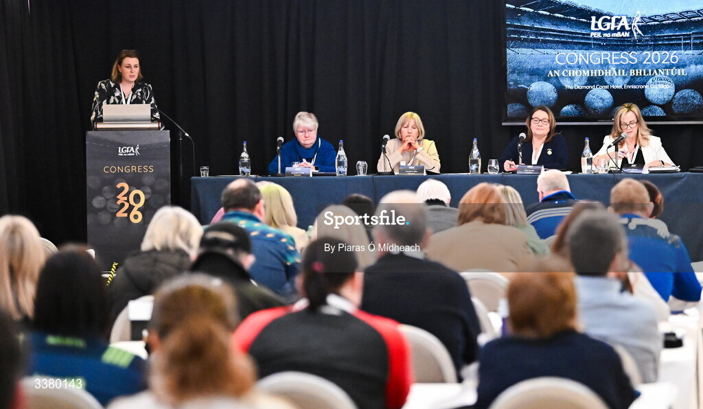 6 March 2026; LGFA National Finance Officer Barbara Rossiter speaking during day one of the LGFA Annual Congress at the Diamond Coast Hotel in Sligo. Photo by Piaras Ó Mídheach/Sportsfile