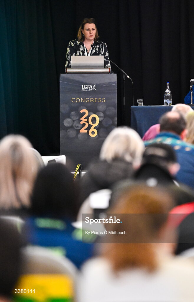 6 March 2026; LGFA National Finance Officer Barbara Rossiter speaking during day one of the LGFA Annual Congress at the Diamond Coast Hotel in Sligo. Photo by Piaras Ó Mídheach/Sportsfile